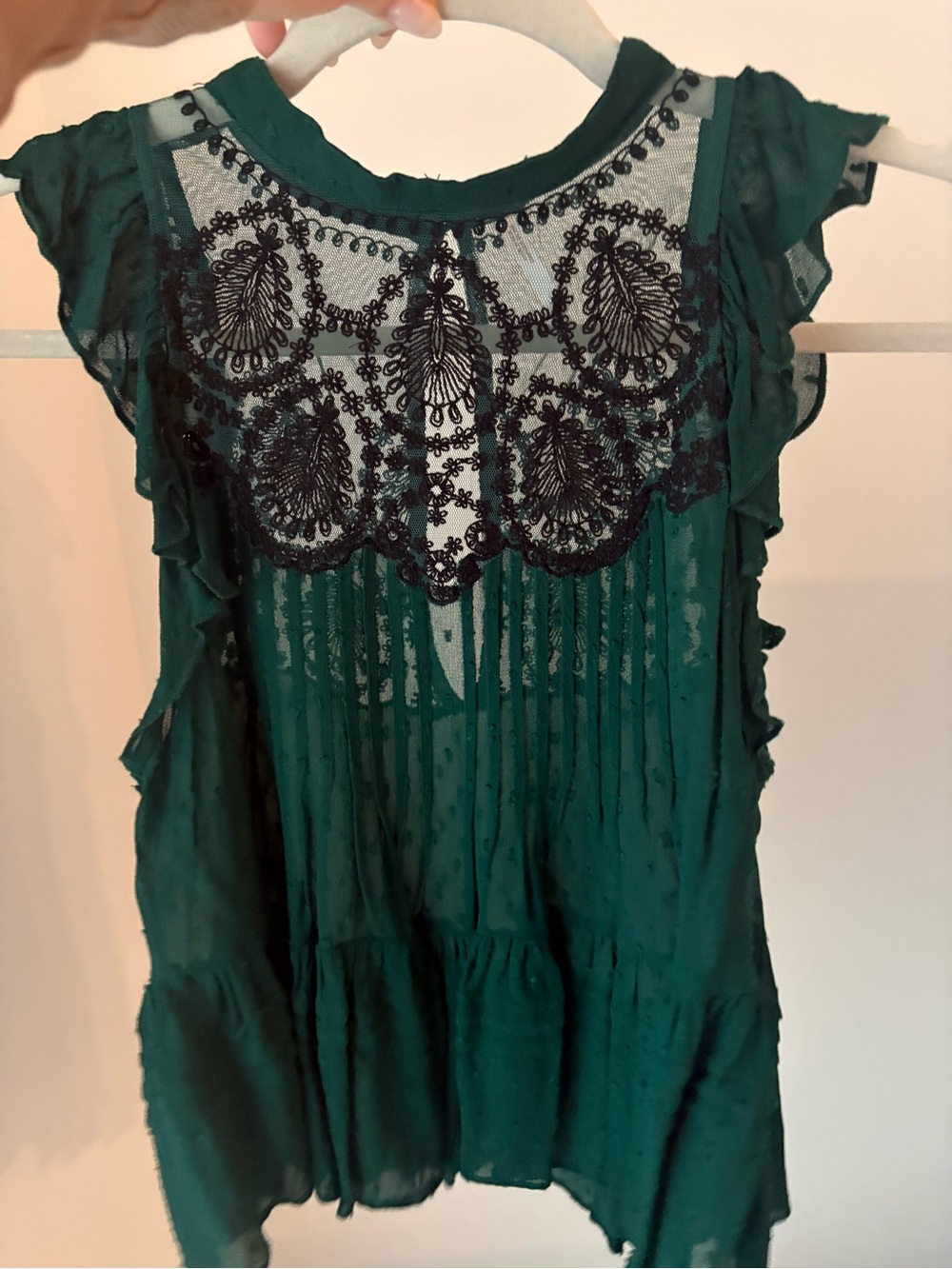 Free People Emerald Green Lace Ruffle Blouse